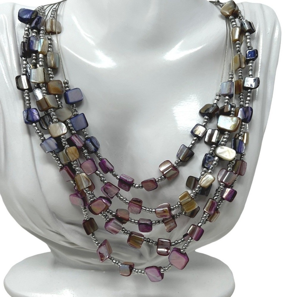 Shell Beaded Necklace Silver Tone Beads 5โ Strand Adjustable 16 - 18"